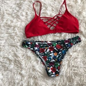 Red top, Floral bottom bikini